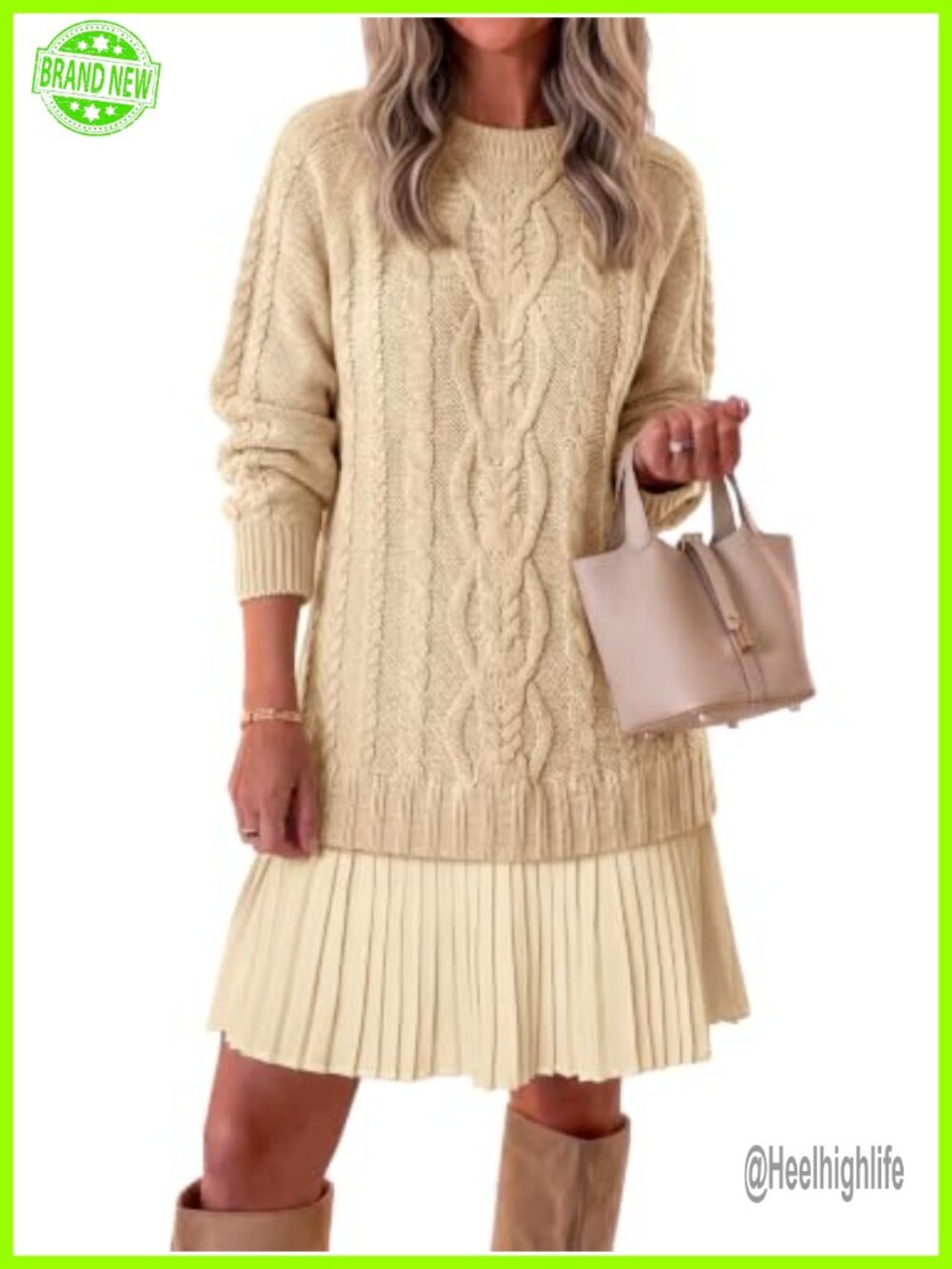 Saodimallsu Cable Knit Sweater Dress Pleated Patchwork Mini Women's